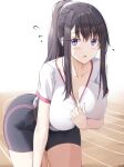  1girl bangs bent_over bike_shorts black_hair black_shorts breasts cleavage clothes_pull collarbone commentary_request flying_sweatdrops gym_shirt gym_shorts gym_uniform hair_between_eyes hanging_breasts highres keenh large_breasts leaning_forward long_hair looking_at_viewer makeup mascara nijouin_hazuki open_mouth ponytail purple_eyes riddle_joker shirt shirt_pull short_sleeves shorts sidelocks solo spandex standing sweat thighs track_and_field white_shirt wooden_floor 