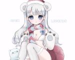  1girl adapted_costume animal_ears animal_hands apex_legends ayukoro bear_ears blue_eyes blush breasts brudda_bear_gibraltar cleavage copyright_name fur_trim genderswap genderswap_(mtf) gibraltar_(apex_legends) gloves grey_hair hair_ornament hairclip hat long_hair looking_at_viewer paw_gloves red_headwear santa_hat sled smile solo thighhighs white_hair white_thighhighs 