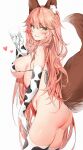  1girl absurdres animal_ear_fluff animal_ears animal_print ass bare_shoulders blush breasts cow_print elbow_gloves fate/extra fate_(series) fox_ears fox_girl fox_tail gloves highres large_breasts long_hair looking_at_viewer pink_hair sideboob silver_(chenwen) smile solo swimsuit tail tamamo_(fate) tamamo_no_mae_(fate/extra) thick_thighs thighhighs thighs yellow_eyes 