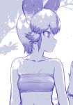  1girl african_wild_dog_(kemono_friends) animal_ears bandeau bare_shoulders breasts closed_mouth collarbone commentary_request greyscale highres kemono_friends looking_to_the_side masuyama_ryou monochrome multicolored_hair profile short_hair small_breasts solo tail tree_shade upper_body water_drop wet 