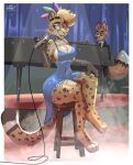  2022 accessory border canid canine cheetah clothing curtains digital_media_(artwork) digitigrade dress felid feline female fox gradient_background grand_piano headband hi_res hinget keyboard_instrument mammal microphone musical_instrument open_mouth piano playing_music simple_background solo_focus spotlight stage suit white_border 