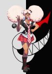  1girl absurdres bangs bear_hair_ornament black_background black_choker black_eyes black_footwear black_shirt blonde_hair boots bow breasts choker collarbone danganronpa:_trigger_happy_havoc danganronpa_(series) dark-skinned_female dark_skin enoshima_junko full_body grey_background grin hair_ornament hand_up highres knee_boots large_breasts long_hair miniskirt monokuma necktie pleated_skirt prototype red_bow red_necktie red_skirt shiny shiny_skin shirt short_sleeves skirt smile solo standing striped_necktie teeth tovio_rogers w white_necktie 