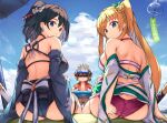  1boy 2girls adjusting_clothes adjusting_swimsuit ass bikini bikini_pull bikini_skirt black_bikini black_hair black_skirt black_sleeves blonde_hair blue_eyes breasts brown_hair brown_shorts clothes_pull cloud detached_sleeves flower from_behind granblue_fantasy hair_flower hair_ornament innertube long_hair looking_back mirin_(granblue_fantasy) multiple_girls outdoors ponytail red_bikini red_shirt sevilbarra shion_(granblue_fantasy) shirt short_hair shorts sideboob sitting skirt sky sunglasses swimsuit sword thighs usugiri_bacon visor_cap weapon white_bikini white_sleeves wind_chime 