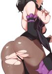  1girl ass bar_censor bare_shoulders black_cloak black_hair blood breasts bridal_gauntlets censored cloak dress elsa_granhilte from_behind highres large_breasts long_hair morisobo multicolored_cloak nipples one_breast_out out_of_frame pantyhose pussy re:zero_kara_hajimeru_isekai_seikatsu simple_background smile solo torn_clothes torn_legwear two-sided_cloak two-sided_fabric white_background 