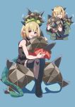  1girl arknights black_tank_top black_thighhighs blonde_hair closed_mouth dragon_girl dragon_horns dragon_tail green_jacket highres horns jacket long_sleeves looking_at_viewer open_mouth originium_slug_(arknights) pointy_ears red_eyes sajimaririri short_hair smile tail tank_top thighhighs vanilla_(arknights) 