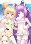  2girls absurdres ahoge albacore_(azur_lane) albacore_(muse)_(azur_lane) animal_ears animal_hands ass ass_visible_through_thighs azur_lane belt bikini blonde_hair blue_eyes breasts cameltoe cat_ears double_bikini double_bun fake_animal_ears fang frilled_bikini frills gloves green_bikini green_eyes groin hair_bun hand_to_own_mouth headset highleg highleg_bikini highres leg_ribbon long_hair looking_at_viewer lowleg lowleg_bikini makina9696 micro_bikini multiple_girls navel open_mouth paw_gloves pink_thighhighs plaid plaid_bikini purple_hair ribbon side-tie_bikini single_thighhigh small_breasts smile swimsuit tashkent_(azur_lane) tashkent_(muse)_(azur_lane) thigh_ribbon thighhighs thighs v very_long_hair white_bikini white_gloves white_thighhighs 