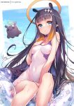  1girl artist_name bangs black_hair blue_eyes blue_sky blunt_bangs breasts cloud commentary covered_navel day halo hololive hololive_english hong_(white_spider) legs long_hair looking_at_viewer medium_breasts ninomae_ina&#039;nis one-piece_swimsuit patreon_username pointy_ears sitting sky swimsuit takodachi_(ninomae_ina&#039;nis) virtual_youtuber wet white_background white_swimsuit 