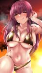  1girl bangs bare_shoulders bikini blush breasts circussion cleavage collarbone earrings gold_bikini gradient_sky heart heart_earrings heterochromia highres hololive houshou_marine jewelry large_breasts long_hair looking_at_viewer navel orange_sky red_eyes sky smile solo swimsuit thighs tongue tongue_out twilight virtual_youtuber yellow_eyes 