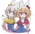  2girls animal_costume animal_ear_fluff animal_ears black_eyes bow bowtie cat_ears cat_girl closed_mouth gloves grey_hair hello_kitty highres kanmoku-san kemono_friends kemono_friends_3 looking_at_viewer multiple_girls orange_hair red_eyes ribbon sanrio serval_(kemono_friends) shirt short_hair simple_background skirt white_background white_serval_(kemono_friends) 