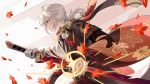  antenna_hair bandaged_hand bandages genshin_impact grey_hair highres holding holding_sword holding_weapon japanese_clothes kaedehara_kazuha katana leaf leaf_print long_hair looking_to_the_side low_ponytail maple_leaf maple_leaf_print medium_hair multicolored_hair red_eyes red_hair short_ponytail sleepy1292673668 streaked_hair sword tassel vision_(genshin_impact) weapon 