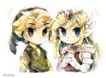  1boy 1girl artist_name back belt blonde_hair blue_eyes blush dress floating_hair gloves green_headwear jewelry link long_hair looking_at_viewer multicolored_hair necklace pink_dress princess_zelda the_legend_of_zelda the_legend_of_zelda:_spirit_tracks the_legend_of_zelda:_the_wind_waker tiara tokuura toon_link toon_zelda 