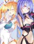  2girls ;d arm_up armpits bare_shoulders black_gloves black_leotard blue_eyes blue_hair blush breasts cleavage covered_navel earrings elbow_gloves from_side gloves gradient_hair hair_between_eyes hair_rings hand_on_own_cheek hand_on_own_face hand_to_own_face hand_to_own_mouth hand_up hat highres iris_heart jewelry kami_jigen_game_neptune_v large_breasts leotard long_hair looking_at_viewer medium_breasts midriff moya_44444 multicolored_hair multiple_girls navel neptune_(series) nurse_cap one_eye_closed orange_hair orange_heart power_symbol purple_hair revealing_clothes shin_jigen_game_neptune_vii skin_tight smile symbol-shaped_pupils twintails very_long_hair white_gloves white_leotard 