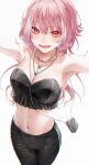  1girl :d armpits bangs bare_shoulders breasts cleavage highres jewelry lighter long_hair looking_at_viewer midriff mole mole_under_eye navel navel_piercing necklace original piercing pink_hair red_eyes sinomi smile solo strapless tube_top 