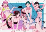  5girls akashi_(kancolle) all_fours antenna_hair bikini black_bikini black_hair blue_bikini blunt_tresses bow bowtie braid breasts brown_hair floral_print frilled_bikini frills gradient_bikini green_eyes green_hair grey_hair grin hair_over_shoulder hair_ribbon hairband highres irako_(kancolle) kantai_collection kinugasa_(kancolle) large_breasts long_hair looking_at_viewer mamiya_(kancolle) multiple_girls official_alternate_costume ojipon ooyodo_(kancolle) pink_hair plaid plaid_bikini ponytail red_bow red_bowtie red_eyes ribbon semi-rimless_eyewear shirt side-tie_bikini single_braid sitting small_breasts smile swimsuit tied_shirt tress_ribbon twintails under-rim_eyewear yokozuwari 