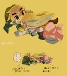  1boy 1girl artist_name back belt blonde_hair blue_eyes blush dress floating_hair gloves green_headwear jewelry link long_hair looking_at_viewer multicolored_hair necklace pink_dress princess_zelda the_legend_of_zelda the_legend_of_zelda:_spirit_tracks the_legend_of_zelda:_the_wind_waker tiara tokuura toon_link toon_zelda 