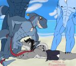  2022 2d_animation admiralbruh1897 animated anthro beach black_hair bottomwear clothing collar crossed_arms digital_media_(artwork) dungeons_of_aether fellatio fish group hair looking_down loop male male/male marine muscular muscular_anthro muscular_male nipples no_sound on_ground oral penile public public_nudity public_sex rivals_of_aether seaside sex shark short_playtime shorts signature slade_(dungeons_of_aether) slit smile striped_body stripes video_games 