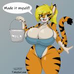  absurd_res anthro big_breasts breasts bucket container dialogue felid female hair hi_res huge_breasts mammal milk pantherine solo tabykat tabytha_starling tagme tiger 