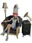  1girl absurdres armchair bangs blue_dress blue_footwear blue_headwear bone_print boots breasts chair closed_mouth crossed_legs drawer dress flipped_hair frilled_dress frills full_body hand_up hat highres jakuzure_nonon kill_la_kill lamp light_smile looking_at_viewer medium_breasts multicolored_clothes multicolored_headwear pink_eyes pink_hair psylduck puffy_short_sleeves puffy_sleeves shako_cap short_hair_with_long_locks short_sleeves sidelocks simple_background sitting skull_ornament solo split_mouth straight_hair swept_bangs turntable white_background white_headwear wrist_cuffs 