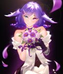  1girl absurdres bangs bare_shoulders blue_eyes bouquet braid closed_mouth collarbone cowboy_shot dragon_girl dress fang halter_dress halterneck head_tilt head_wings heterochromia highres long_hair looking_at_viewer nijisanji nijisanji_en pace_argonaut_(artist) petals purple_eyes purple_hair selen_tatsuki simple_background skin_fang smile straight-on swept_bangs tail tsurime twin_braids upturned_eyes virtual_youtuber 