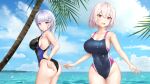  2girls absurdres alternate_costume azur_lane breasts cloud competition_swimsuit cowboy_shot day dido_(azur_lane) hamano_(hamafino) highres large_breasts looking_at_viewer multiple_girls one-piece_swimsuit palm_tree sirius_(azur_lane) swimsuit tree water 