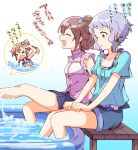  &gt;_&lt; 3girls bangs bench blue_shirt blue_shorts blue_skirt blush bow breasts brown_hair check_commentary clenched_hands closed_eyes commentary_request frilled_shirt frills futami_mami hair_bow hands_on_own_thighs idolmaster idolmaster_million_live! kasuga_mirai legs looking_down makabe_mizuki medium_hair multiple_girls open_mouth partially_submerged pink_shirt pleated_pants polka_dot polka_dot_shirt purple_hair rcop_o shirt short_hair short_sleeves shorts sidelocks sitting skirt small_breasts smile speech_bubble splashing thighs translation_request wading_pool water water_drop yellow_eyes 