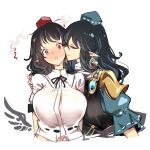  2girls black_coat black_hair blue_dress blue_headwear blush breasts closed_eyes closed_mouth coat collared_shirt dress earrings hat iizunamaru_megumu jewelry large_breasts long_hair multiple_girls open_mouth pointy_ears pom_pom_(clothes) raptor7 red_eyes red_headwear shameimaru_aya shirt short_sleeves shoulder_guard simple_background sleeveless sleeveless_coat tokin_hat touhou upper_body white_background white_shirt 