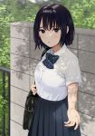  1girl artist_name bag black_hair bob_cut bow bowtie brown_eyes looking_at_viewer mattaku_mousuke open_mouth original outdoors outstretched_hand pleated_skirt school_bag school_uniform short_hair skirt solo upper_body watermark 