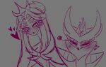  &lt;3 absurd_res anthro avian bird black_eyes blush crown duo eye_contact female grey_background hair helluva_boss hi_res long_hair looking_at_another male outline owl owl_demon paimon_(helluva_boss) pink_outline simple_background teathekook white_eyes 