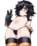  1girl ahoge arm_behind_back bikini black_bikini black_gloves black_hair breasts bright_pupils brown_eyes closed_mouth cowboy_shot frown gloves hair_over_one_eye hand_up highres leaning_back legs_together navel nyong_nyong original short_hair simple_background skindentation small_breasts solo striped striped_legwear swimsuit thighhighs thighs v white_background white_pupils 