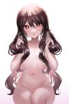  1girl :o breasts brown_eyes brown_hair collarbone commentary_request completely_nude flower-shaped_pupils genshin_impact gradient gradient_background hair_between_eyes hair_censor hair_over_breasts hands_up highres holding holding_hair hu_tao_(genshin_impact) legs_together long_hair looking_at_viewer navel neit_ni_sei nude pink_background revision sitting small_breasts solo symbol-shaped_pupils very_long_hair white_background 