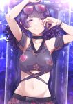  1girl absurdres armpits arms_up breasts highres idolmaster idolmaster_shiny_colors looking_at_viewer medium_breasts navel purple_eyes purple_hair smile solo stomach sunglasses swimsuit tanaka_mamimi tokufumi twintails upper_body wet wet_clothes wet_hair wet_swimsuit 