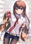  1girl :o bangs black_shorts blush breasts brown_hair brown_jacket can collared_shirt dr_pepper dress_shirt gyozanuko hair_between_eyes hand_up highres holding holding_can jacket legwear_under_shorts long_hair long_sleeves looking_at_viewer makise_kurisu necktie off_shoulder open_clothes open_jacket pantyhose parted_lips puffy_long_sleeves puffy_sleeves purple_eyes red_necktie shirt short_shorts shorts sleeves_past_wrists small_breasts solo steins;gate very_long_hair white_shirt 