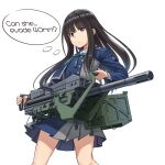  1girl aqua_ribbon black_hair blue_jacket english_text grenade_launcher inoue_takina jacket jpc long_hair looking_at_viewer lycoris_recoil mk19_grenade_launcher neck_ribbon ribbon school_uniform shirt sidelocks solo thought_bubble weapon white_shirt 