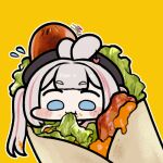  1girl bangs blue_eyes blunt_bangs blush burrito character_request cheese chibi commentary_request copyright_request eating food food_focus food_in_mouth hair_ornament hot_dog jazz_jack lettuce long_hair lowres mole mole_under_eye pink_hair solo virtual_youtuber 