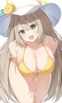  1girl bangs bare_shoulders bikini blue_archive breasts cleavage front-tie_bikini front-tie_top green_eyes halo hat head_tilt highres large_breasts light_brown_hair long_hair looking_at_viewer nonomi_(blue_archive) nonomi_(swimsuit)_(blue_archive) nyuu_(pixiv12143565) open_mouth side-tie_bikini simple_background smile solo sun_hat swimsuit thighs very_long_hair white_background white_headwear yellow_bikini 