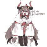  1girl :d bangs black_horns breasts cleavage cropped_legs fang grey_hair hair_between_eyes hair_ribbon highres horns korean_text long_hair long_sleeves multicolored_horns nyong_nyong open_mouth original pantyhose pointy_ears red_eyes red_horns red_ribbon ribbon simple_background sleeves_past_fingers sleeves_past_wrists smile solo two-tone_horns v-shaped_eyebrows very_long_hair white_background 