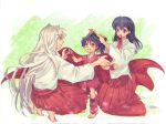  animal_ears barefoot black_hair brown_eyes dog_ears family father_and_daughter female_child full_body green_background hair_between_eyes hakama hand_in_another&#039;s_hair highres higurashi_kagome inuyasha inuyasha_(character) japanese_clothes kneeling leg_warmers long_hair makochan miko moroha mother_and_daughter mouth_hold open_mouth pants red_pants ribbon ribbon_in_mouth shirt smile socks squatting white_hair white_shirt yellow_eyes 