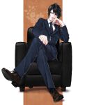  1boy black_footwear black_hair blue_jacket blue_pants blue_suit chair crossed_legs dress_shoes final_fantasy final_fantasy_vii formal full_body hair_between_eyes hair_over_one_eye hand_on_own_knee hand_to_own_face highres jacket looking_to_the_side male_focus necktie official_alternate_costume pants pillarboxed red_eyes shirt short_hair solo suit tie_clip vincent_valentine white_shirt yonesuke zipper 