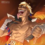  adon_(street_fighter) adon_(street_fighter)_(cosplay) blonde_hair clothes_writing cosplay english_commentary english_text hand_wraps headband junkrat_(overwatch) looking_at_viewer meziosaur open_mouth orange_headband overwatch red_eyes spikes street_fighter thumbs_down tire tongue tongue_out topless_male 
