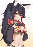  1girl :d bikini black_hair breasts highres hololive hood hood_down hoodie hoodie_lift large_breasts lifted_by_self long_hair long_sleeves looking_at_viewer micon multicolored_hair navel ookami_mio orange_eyes ponytail red_hair smile swimsuit virtual_youtuber 