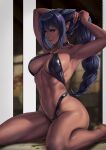  1girl armpits black_hair blurry blurry_background braid braided_ponytail braiding_hair breasts brown_eyes cleavage commentary dandon_fuga dark-skinned_female dark_skin english_commentary hairdressing highres jahy jahy-sama_wa_kujikenai! looking_to_the_side navel o-ring o-ring_top seiza sitting solo stomach toned 