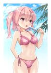  1girl arm_behind_back bikini blue_sky cloud commentary_request eyebrows_hidden_by_hair food highres koi_kakeru_shin-ai_kanojo long_hair looking_at_viewer matsu520 one_side_up palm_leaf pink_bikini pink_hair polka_dot polka_dot_bikini popsicle red_eyes shindou_ayane side-tie_bikini sky solo standing swimsuit tongue tongue_out 
