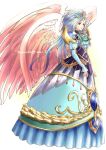  1girl alternate_costume alternate_form angel_wings armor blue_hair breath_of_fire breath_of_fire_ii closed_mouth dress feathered_wings gem highres jewelry long_hair looking_at_viewer maruno nina_(breath_of_fire_ii) pauldrons red_eyes shoulder_armor signature simple_background tiara wings 