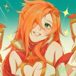  1girl absurdres bangs bare_shoulders blush bow bowtie breasts cleavage detached_sleeves gem gradient gradient_background green_background grey_background grin hair_ornament hair_over_one_eye highres large_breasts league_of_legends long_hair miss_fortune_(league_of_legends) orange_hair red_bow red_bowtie ruan_chen_yue smile solo star_(symbol) star_guardian_(league_of_legends) star_guardian_miss_fortune star_hair_ornament teeth 