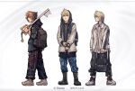  3boys alternate_costume bag blonde_hair boots brown_hair chain copyright fashion holding holding_bag hood hood_up hoodie jacket keyblade kingdom_hearts kingdom_key looking_at_viewer multiple_boys nomura_tetsuya official_art over_shoulder roxas shoes sneakers sora_(kingdom_hearts) spiked_hair standing third-party_source ventus_(kingdom_hearts) weapon weapon_over_shoulder 