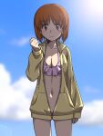  1girl bikini blush bottomless breasts brown_eyes brown_hair cleavage closed_mouth girls_und_panzer jacket large_breasts looking_at_viewer navel nishizumi_miho no_panties oosaka_kanagawa outdoors pink_bikini shiny shiny_hair short_hair sky smile solo swimsuit track_jacket 