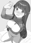  1girl between_breasts blush bottomless breast_hold breasts clothes_lift highres holding holding_phone long_hair long_sleeves monochrome navel ol_mahonanoka open_mouth original papers pen phone seiza selfie sitting sweatdrop sweater teacher turtleneck turtleneck_sweater 