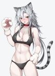  1girl absurdres animal_ears animal_hands arknights bikini black_bikini breasts chun_bae cleavage collar collarbone commentary cowboy_shot english_commentary fang gloves grey_background grey_hair hair_between_eyes hand_on_hip hand_up highres indra_(arknights) large_breasts long_hair looking_at_viewer multicolored_hair navel open_mouth paw_gloves red_collar scar scar_on_face scar_on_nose simple_background solo stomach streaked_hair swimsuit tail thighs tiger_ears tiger_girl tiger_tail two-tone_hair white_background white_gloves yellow_eyes 