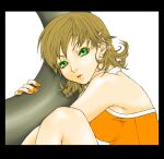  1girl bangs bare_arms border breasts brown_hair final_fantasy final_fantasy_viii green_eyes hair_between_eyes hair_ornament hairclip looking_at_viewer medium_breasts orange_nails orange_shirt pouty_lips selphie_tilmitt shirt short_sleeves short_twintails sitting solo tachibana_chata twintails upper_body white_background 