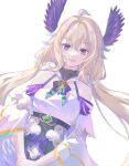 1girl 3ta_(taro_9304) ahoge bare_shoulders blush dutch_angle enna_alouette feathers hair_between_eyes head_wings highres long_hair looking_at_viewer nijisanji nijisanji_en purple_eyes purple_feathers smile solo twintails white_background white_sleeves wide_sleeves 